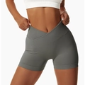 High waist V-cut charcoal grey yoga shorts with seamless ribbed compression fabric - S / Dark Gray