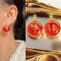 Vintage style red round stud earrings with gold foil inlay and green gemstone details - Red Gold Foil Round Drop (Style 9)