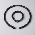 Poliertes schwarzes Edelstahl-Kuban-Ketten-Set mit Halskette und Armband für Damen und Herren - Doppelgewebte Kette (Armband) / 9mm x 21.5cm / Schwarz
