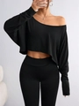 Detail of black off-shoulder long sleeve crop top with elastic soft fabric texture - S / Black