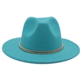 Teal wide brim cashmere fedora hat with a golden metal chain band on white background - Lake Blue (Gold Ring)
