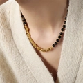 Natural agate beads and gold twist chain necklace with OT buckle on a female model - P1781-Gold Necklace-40cm