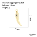 Vergulde koperen hoorn hanger met blauwe kristallen en duivels oog detail - P00999-Hoorn Boze Oog