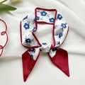 Floral print silk neck scarf with white base, blue flowers and red borders for hair or bag - Red Border Small Blue Floral