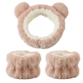 Pink plush headband with bear ears and matching wristbands for skincare routine - Brown - 3-piece Set (the Wrists Have 3 Hand-stitched Seams)