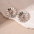 Detailed close-up of silver metal daisy earrings with smooth mirrored petal finish - Silver Sun Flower Stud Earrings (Stainless Steel Earring Post)