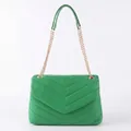 Grass green quilted shoulder bag with chevron stitching and golden chain strap - Green
