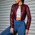 Burgundy faux leather cropped jacket with stand collar and zipper closure in punk style - XS / Burgundy