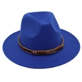Detail of royal blue wool fedora featuring a gold feather metal pin and braided leather band - Royal Blue (Gold Feather)
