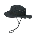 Detail of black boonie hat featuring textured fabric, mesh eyelets and adjustable chin cord - One Size / Black