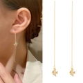 Elegant long tassel gold earrings featuring a cubic zirconia fish charm drop - 14K Imitation Gold Fish Style (M-572)
