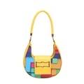 Yellow crescent hobo bag featuring colorful tetris puzzle pattern and golden buckle - Yellow