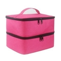 Pink double-layer portable nail polish storage bag with black zippers and handle - Rose Red
