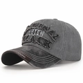 Dark grey washed cotton baseball cap featuring embroidered BLACK lettering and distressed detail - Black Brim & Light Grey