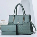 Morandi green two-piece handbag set with textured tote and matching long wallet - Green