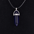 Dark blue hexagonal crystal quartz point pendant with silver clasp and black cord necklace - Synthetic Royal Blue Glass