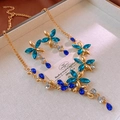 Vintage gold bow jewelry set with blue floral crystals and pearls on display - 20# Necklace - Gold - Blue (2-Piece Set)