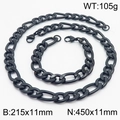 Ensemble hip-hop en titane noir avec collier Figaro et bracelet à gros maillons 11mm - 11mm Noir