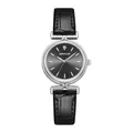 Women's vintage quartz watch with black leather strap and silver dial with gemstone - Silver/Black (Leather Strap)
