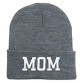 Dark grey knitted beanie with white MOM embroidery on the folded cuff, outdoor winter hat - MOM / Medium Heather Grey