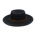 Detailed view of black flat brim felt fedora with decorative skull band - One Size / Black (With Skull Decoration)