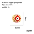 Makroaufnahme einer 9x8mm vergoldeten Evil Eye Perle aus Kupfer mit Zirkonia-Besatz - P02909 Rot Weiß Quadratisch