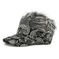 Ethnic paisley visor cap with silver grey curly wig hair for men and women - Adjustable / Gray