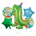 5-piece dinosaur foil balloon set with T-Rex and star shapes for birthday party decoration - Green & Blue Star Dinosaur Set