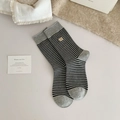 Gray and black striped crew socks with cute bear embroidery for women - One Size / Light Gray