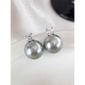 Elegant grey pearl stud earrings with tiny white cubic zirconia accent for women - 12mm / Marl Grey