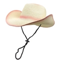 Detailed weave of beige straw sun hat featuring a pink gradient wide brim and chin strap - Cream