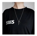Men's hip-hop silver geometric pendant necklace with ring and bar on a male model - Geometric Circle Strip Style (A014)