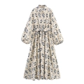 Französisches Vintage-Blumenkleid mit Puffärmeln und Gürtel in Cremeweiß - XS / Milchweiß