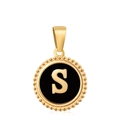 18K gold letter S pendant with black enamel finish and decorative beaded edge - Letter S