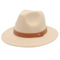 Classic cream wool fedora hat with brown leather belt trim and gold metal detail - M (56-58cm) / Beige