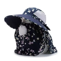 Navy floral sun hat for women with neck flap and breathable face mask for UV protection - Navy Blue