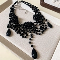 Retro gothic style multi-layer black beaded necklace with large teardrop pendants - Black (Silver Buckle)