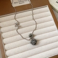 Detail of silver pony pendant and spotted stone beads on bead chain in velvet box - Silver Pony Spotted Stone Style (29#) / Silver