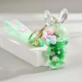 Green rabbit acrylic keychain with liquid quicksand and colorful floating beads - Gradient Rope + Colorful Bead Milk Tea Cup / Rabbit with Strap [Green]