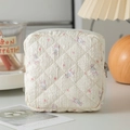 Quilted rabbit and floral pattern sanitary pad storage bag in cream cotton fabric - Little Rabbit