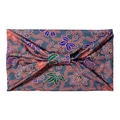 Bohemian elastic yoga headband with blue batik floral print and front knot detail - Blue Batik Floral Bow (10775)
