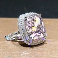 Elegant square pink zirconia halo ring with double pavé setting for women's wedding - US 6 / White