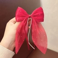 Eleganter roter Tüll-Haarclip mit Glitzerpunkten und hängenden Perlenketten-Verzierungen - Rot