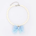 Sweet pearl pet necklace with a blue checkered bow and soft mesh decoration - Blue