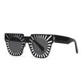 Fashionable square frame sunglasses with silver metallic sunburst detail on a black frame - Black Frame Black Grey Lens