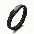 Bracelet pour homme en cuir noir tressé avec un fermoir magnétique noir mat - Cordon en cuir noir / Fermoir Poli Noir 21cm