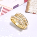 Golden double-layer open ring featuring white pearls and sparkling cubic zirconia crystals - Double Row Pearl Zirconia Style (ZYN-DMR133G-2)