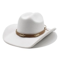 Classic white wide brim wool felt western cowboy hat with brown leather band decoration - M (56-58cm) / White