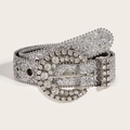 Cintura con strass scintillanti e paillettes d'argento con fibbia in metallo su sfondo bianco - Fibbia a Semicerchio (Occhielli Grandi Piccoli) / 3.8CM / Argento