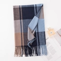 Blue and brown plaid imitation cashmere scarf with tassels on white background - Blue